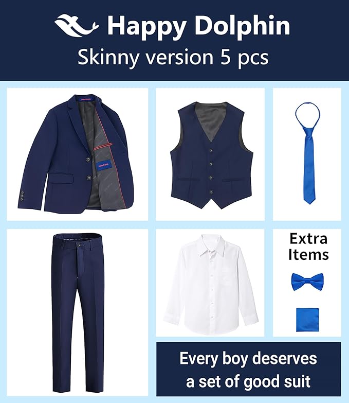 Happy Dolphin Boys Suit Set Modern Fit Kids Suits Adjustable Waist Boys Wedding Outfit for Boy Communion Suits for Boys
