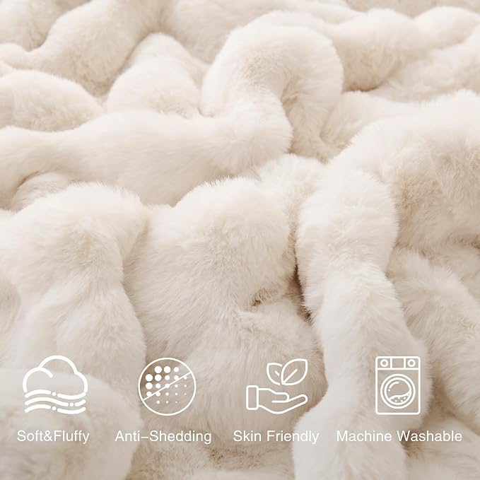 Comelady Soft Fluffy Faux Fur Throw Blanket 60"x80", Bubble Plush Texture | Cream White Thick Fuzzy Blanket, No-Shedding, Aesthetic & Cozy for Couch Bed Room Decor, Warm Gift for Women Girls