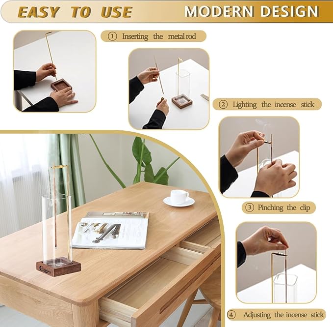 Ceremony Incense Holder,2 Pack Wood Incense Holder for Sticks with Glass Ash Catcher Ceremony Incense Holder