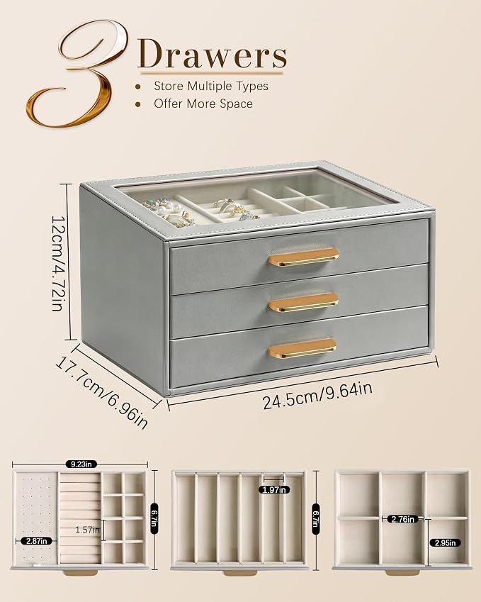 Homeanda Jewelry Boxes Organizer with Glass Lid, 3-Layer PU Leather, Grey | Modern style display case with 3 drawers for daily jewelry, women, mom or girl gift