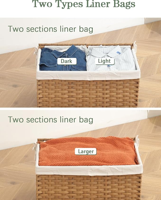 SETVSON Storage Basket with Lid, 2-Lid PE Rattan Storage Bin, Natural | 160L Storage Bin with 2 Separate Lids, 2 Removable Liners for Clothes & Blankets, Sturdy Metal Frame, PE Rattan
