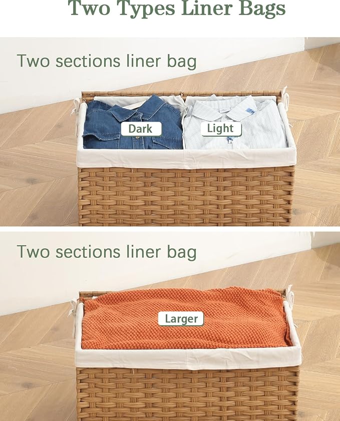 SETVSON Storage Basket with Lid, 2-Lid PE Rattan Storage Bin, Natural | 105L Storage Bin with 2 Separate Lids, 2 Removable Liners for Clothes & Blankets, Sturdy Metal Frame, PE Rattan