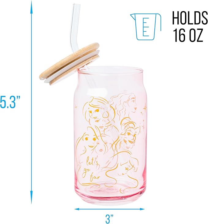 Silver Buffalo Disney Princess Glass Tumbler with Bamboo Lid and Glass Straw Featuring Pocahontas, Tiana, Snow White, Ariel, Belle, Jasmine, Rapunzal, Cinderella, and Moana, 16 Ounces