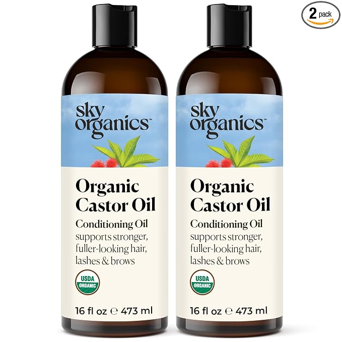Sky Organics - Castor Oil Organic - Volumizing Hair Oil - Scalp, Lashes, Brows - Pure Castor Oil Cold Pressed - Natural Conditioner - Omega Fatty Acids, Vegan - Beauty, Hair, & Self Care - 8oz, 2 Pack