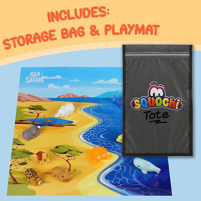 Sea & Safari Squishy Toys 50pcs – Collectible Mochi Fidget Toys in Blind Bags | Sea & Land Animal Shapes | Storage Tote, Playmat, Collector’s Guide | Party Favors, Sensory, Classroom Prizes
