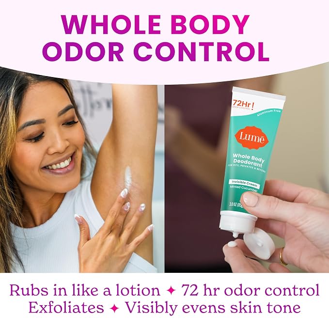 Lume Whole Body Deodorant - Invisible Cream Tube - 72 Hour Odor Control - Aluminum Free, Baking Soda Free, Skin Safe - 3.0 ounce (Pack of 2) (Minted Cucumber)