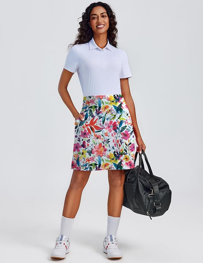 PINSPARK 20" Skorts for Woman Knee Length UPF 50+ Golf Skirts | 4 Pockets, Built-in Shorts, High Waisted, Split Hem, Silky-smooth, Moisture-wicking, for Golf Athletic Tennis Workout Casual