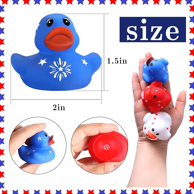 36 Pcs Patriotic Rubber Ducks, 4th of July Rubber Duck,2 Inch Red White Blue Star Float Ducky for Independence Day,Memorial Day Baby Shower Pool Party