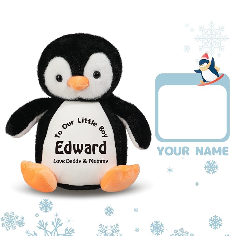 Custom Penguin Stuffed Animal with Name Date, 13.8" Personalized Cute Penguin Plush for Boy Girl Kids Birthday Christmas Bedtime Gifts