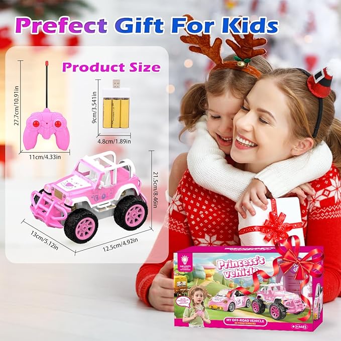 Qizebaby Pink RC Car for Girls, Remote Control Jeep Toy with LED Lights, Rechargeable Off-Road RC Truck, Gifts for Kids Girls Ages 3–7