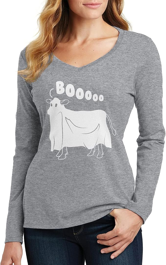 Threadrock Women's Cow Ghost Saying Moo Long Sleeve V-Neck T-Shirt