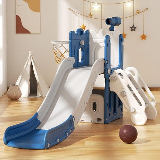 YUFU 6 in 1 Toddler Slide, Kids Climber Slide with Basketball Hoop and Ball, Indoor Outdoor Playset for Toddlers Age 1-3 (Blue Gray)