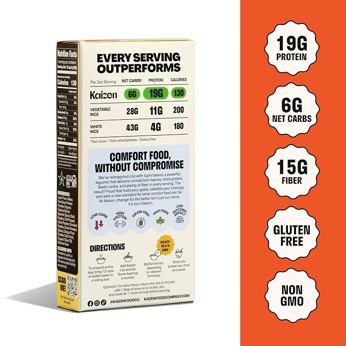 Kaizen Low Carb Rice, 20g High Protein, 6g Net Carb, Spanish 8 Oz (3-Pack) | High Fiber 15g, Gluten-Free, Keto-Friendly, Plant-Based Lupini Orzo, Non-GMO, Kosher, Protein Base for Bowls
