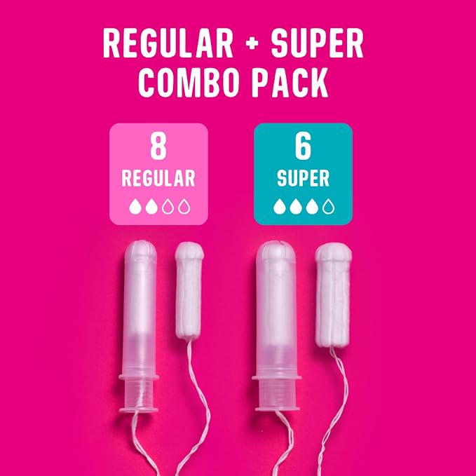 Flo - Organic Cotton Tampons for Women - 14 Pack (8 Regular, 6 Super) - Leak Proof - No Synthetic Fibers, Chlorine Bleach, or Added Dyes - Bio-Plastic Applicator - Feminine Care - Vegan & Cruelty Free