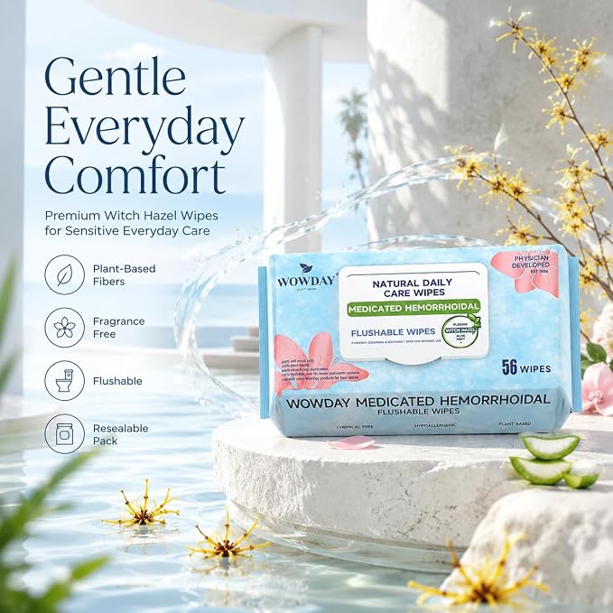 Flushable Hemorrhoid Wipes | Medicated Witch Hazel Wipes Ph Balanced | 112 Count Natural Fragrance Free Adult Hemorrhoids Witch Hazel Wipe for Butt Itch