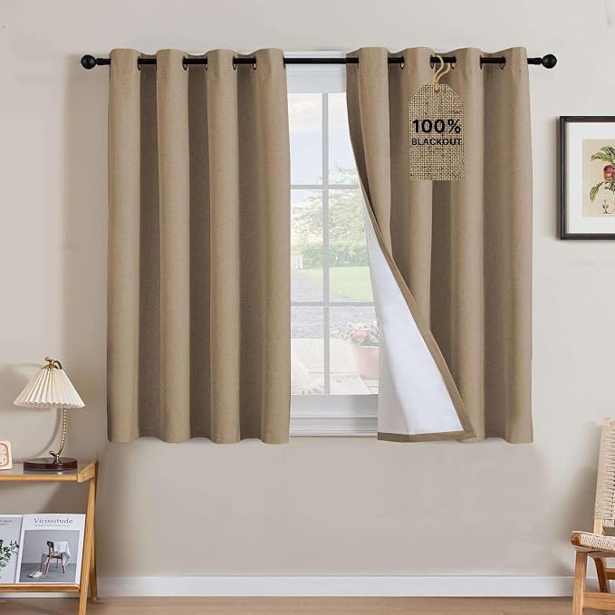 H.VERSAILTEX Linen Curtains 100% Blackout Curtains for Bedroom 45 inch Long Full Light Blocking Nature Linen Blended Window Curtains for Living Room Nickel Grommet (2 Panels, Heathered Macchiato)