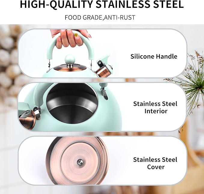 2.6 Quart Mint Green Whistling Tea Kettle, tea pot, Stainless Steel, Cool-Touch Handle, Loud Whistle, 7.48-inch Base, Induction Compatible
