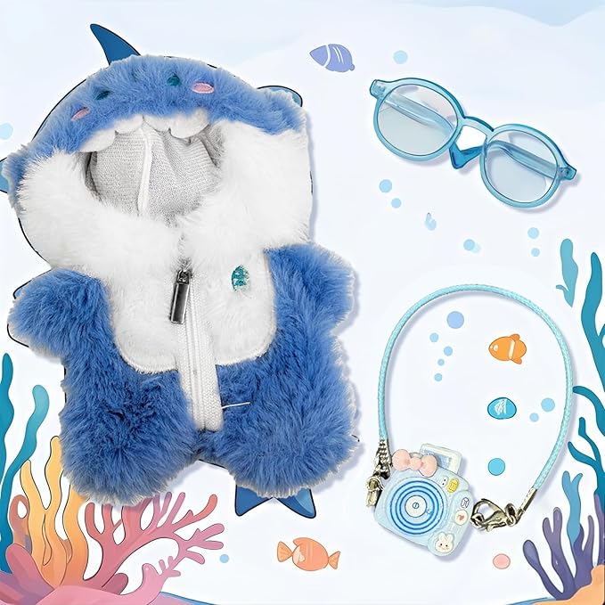 3 Pcs Handmade Clothes and Accessories for 17 cm Dolls Including 1 Shark Jumpsuit with Zipper 1 Glasses 1 Camera Pendant Premium Stylish Doll Clothes Replacement Present for Girls (NO Doll) Blue