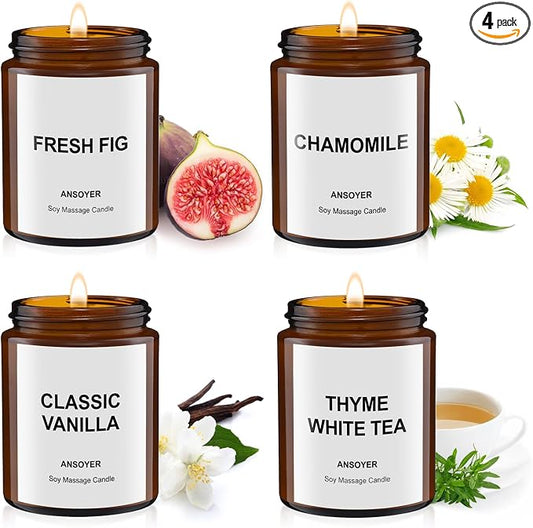 4PCS Massage Candles for Massage Therapy, Body Oil Lotion Candle- Gift Set-18.08OZ (Fresh Figs, Chamomile, Classic Vanilla, Thyme & White Tea)