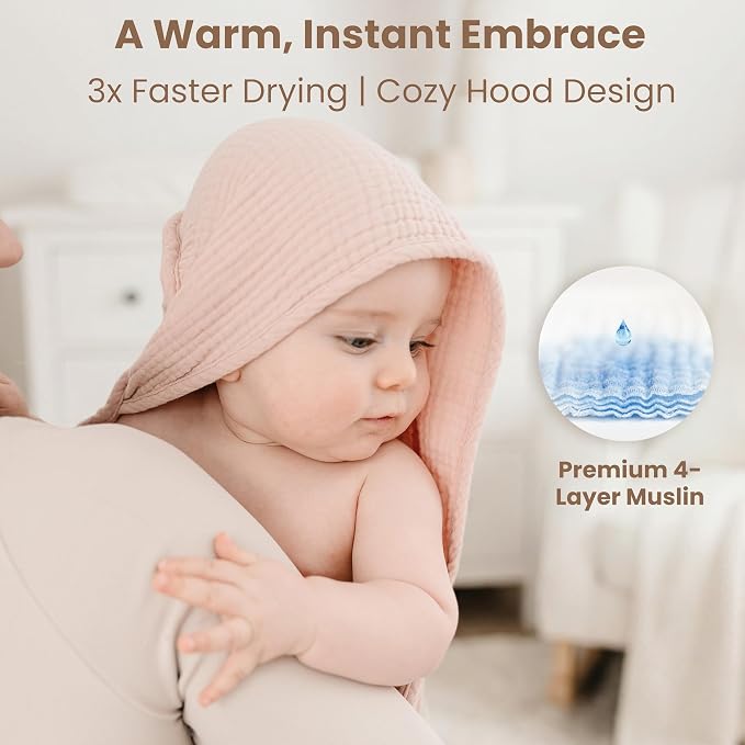 Konssy 2-Pack Muslin Hooded Baby Towels, 100% Cotton, Ultra-Soft & Absorbent Baby Bath Towels with Hood for Newborn & Infant (Pink, Floral,37.5" x 37.5")