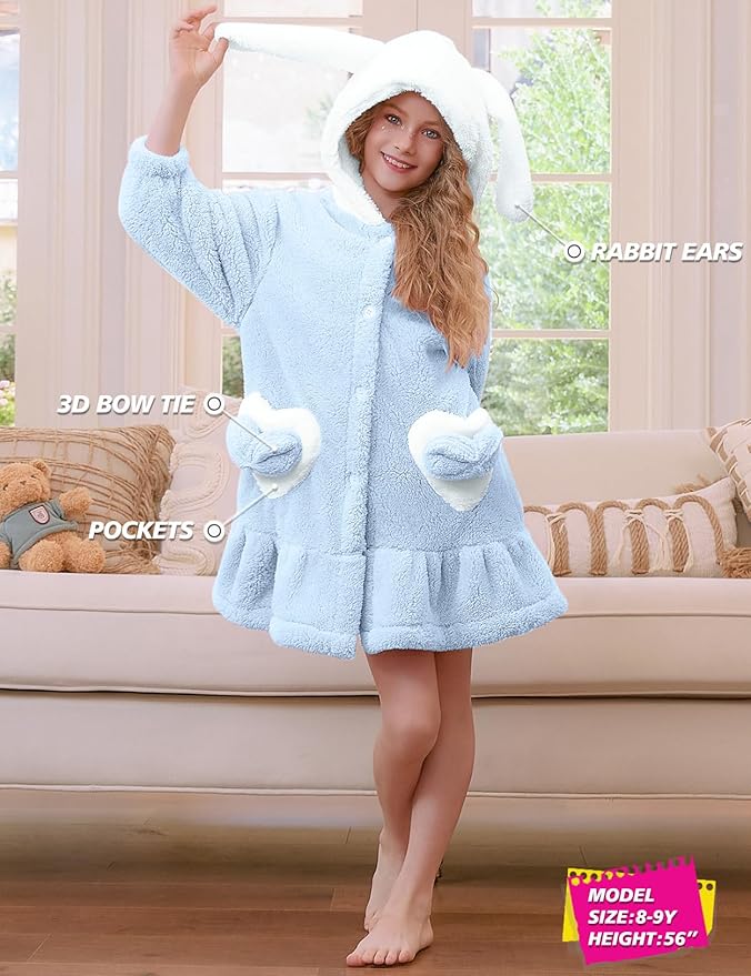 Girls Bathrobes Coral Fleece Button Down Hooded Robes Cute Rabbit Ears Bath Robe Fuzzy Warm Soft Sleepwear