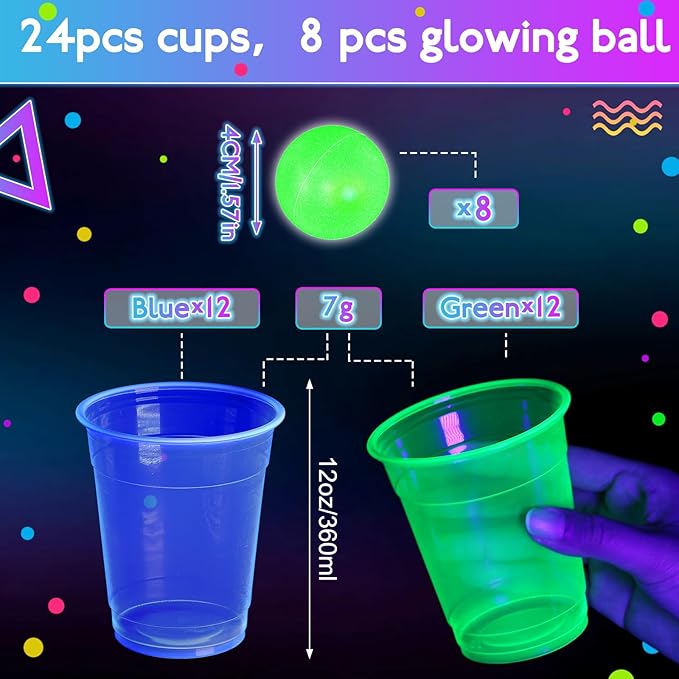 32 Pcs Glow in The Dark Party Table Tennis Game Set Include 24 Pcs Glowing Plastic Cups and 8 Balls for Indoor Outdoor Party Event Birthdays Weddings BBQ Parties