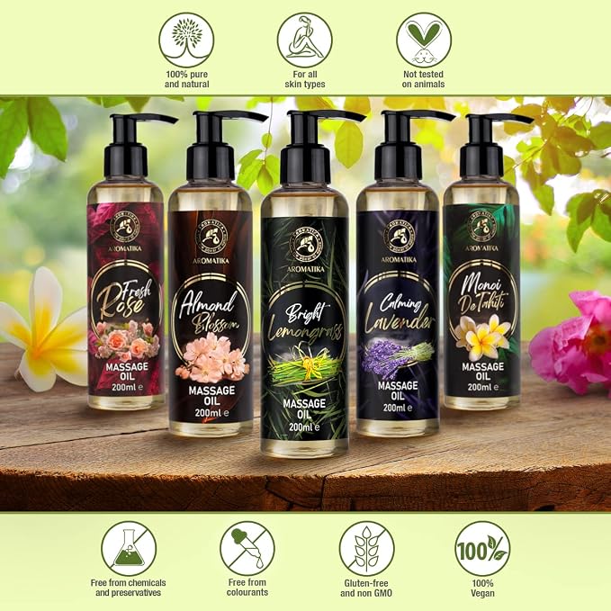 Massage Oil Lemongrass 6.8.Fl Oz / 200ml - Almond - Grape Seed - Wheat Germ - Lemongrass - Body Care Oil for All Skin Types - Naturkosmetik - Massage Oil with a Wonderful Fragrance