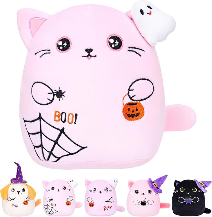 Halloween Spooky Plush Cat Toy – Pink Cat Stuffed Animal Ghost Theme Halloween Party Favors Spider Toy Festive Stuffed Animal Soft Haunted Home Decor 10 Inch