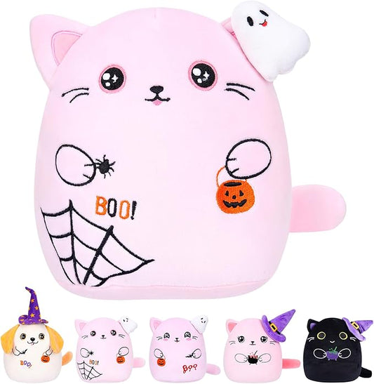 Halloween Spooky Plush Cat Toy – Pink Cat Stuffed Animal Ghost Theme Halloween Party Favors Spider Toy Festive Stuffed Animal Soft Haunted Home Decor 10 Inch