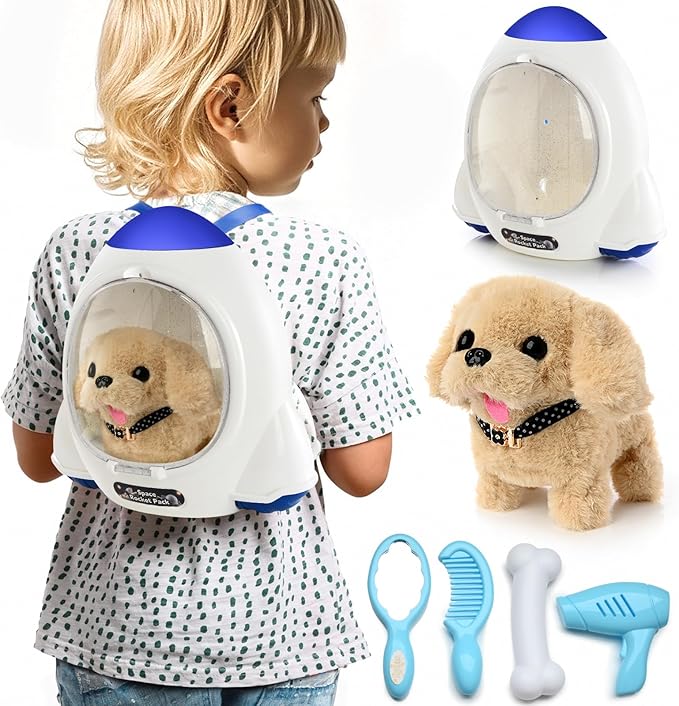Electronic Interactive Plush Puppy - Battery Operated Mechanical Walking Little Pet Dog with a Cute Bag, Barking, Tail Wagging, Stretching Companion Animal for Toddlers & Kids (Yellow)