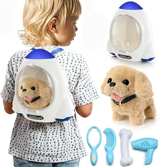 Electronic Interactive Plush Puppy - Battery Operated Mechanical Walking Little Pet Dog with a Cute Bag, Barking, Tail Wagging, Stretching Companion Animal for Toddlers & Kids (Yellow)
