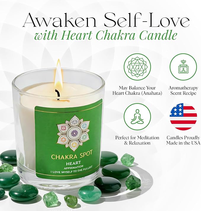 Scented Candles - Heart Chakra Candle, Compassion, Trust & Love Energy Candle, with Rose, Geranium, Ylang Ylang, Lavender, Lemon & Wild Orange, Beeswax & Coconut - 8oz