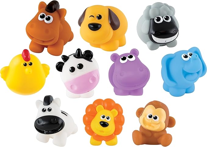 winfun 10-Pc Bath Toy Set – Soft, Squeezable Animal Figures with Floating Drainer Container, Water & Sprinkle Scoops for Sensory Play, Fine Motor Skill Development – Ages 6 Months+