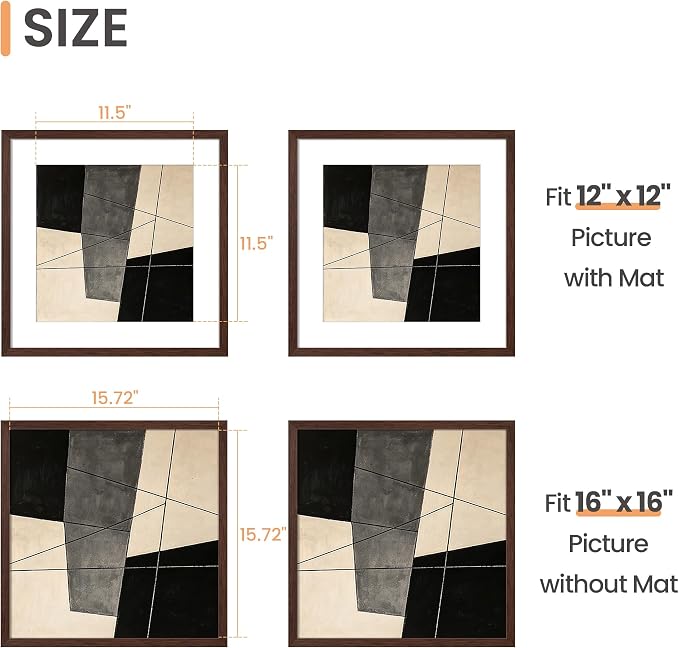upsimples 16x16 Picture Frame, Display Pictures 12x12 with Mat or 16 x 16 Without, Wall Hanging Square Frames, Brown, 1 Pack