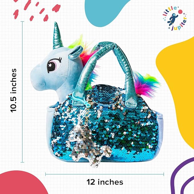 Little Jupiter Plush Pet Set - Unicorn Toys - Unicorns Gifts for Girls - Stuffed Animal for Kids - Plush Toy - w/Reversible Sequins & Charm Age 4-7 (Light Blue Unicorn)