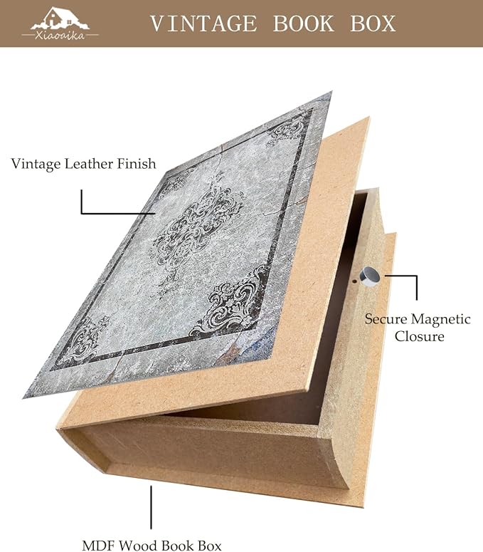 Wooden Book Box Set of 3 with Magnetic Closure and Grey Vintage Leather Cover, Non-Woven Fabric Interior, Decorative Secret Storage for Bookshelves and Home Office