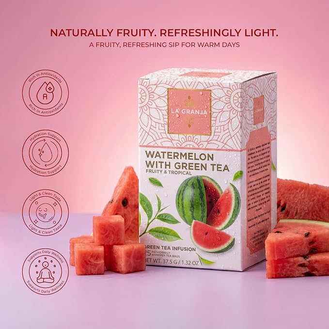 Life Plus Style Gourmet La Granja Watermelon Green Tea Hot or Iced 25 Individually Wrapped Herbal Green Tea Infusion Caffeinated Watermelon Tea Fruity Refreshing Beverage