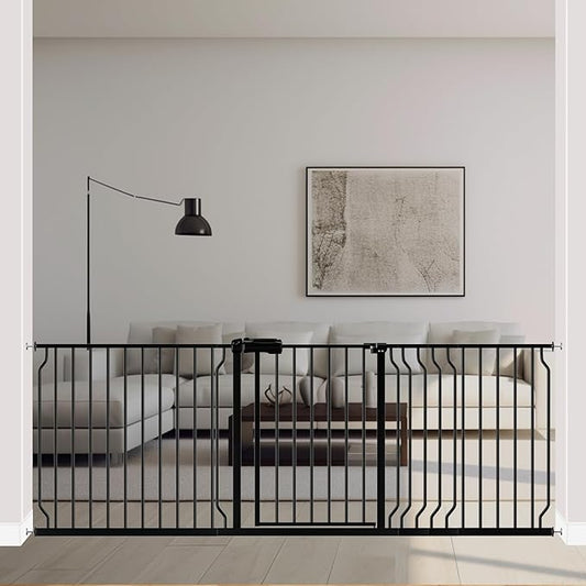 ALLAIBB Extra Wide Pressure Mount Baby Gate Auto Close Black Metal Child Dog Pet Safety Gates with Walk Through for Stairs,Doorways,Kitchen and Living Room (71.65-85.03"/182-218cm)