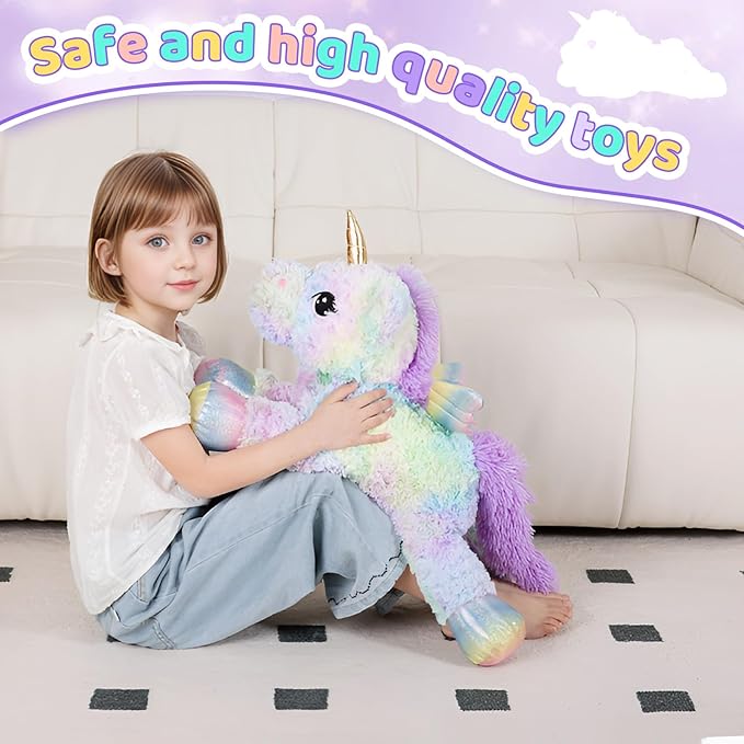 FFxiong 24 Inch Rose Rainbow Colors Unicorn Stuffed Animal Plush Toy with Wings Soft Cute Large Unicorn Plushies Animals Pillow Gift for Children Boy Girl Kids Valentine Birthday Decorations