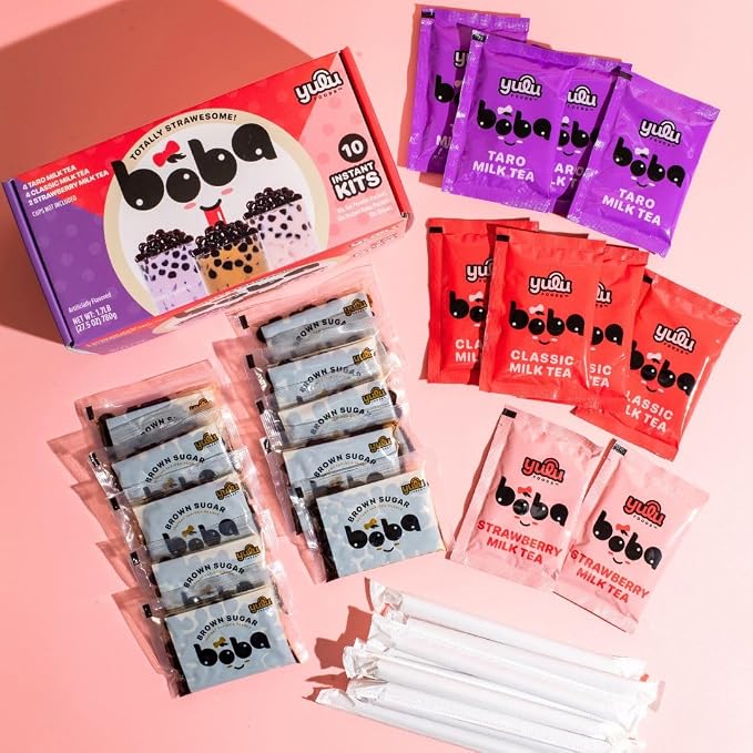 Boba Bundle Kit 10 Serv. Instant Bubble Pearl Variety Milk Tea Kit with Authentic Brown Sugar Tapioca Pearls by Yulu Foods - Ready in Under 1 Minute, Includes Paper Straws - Gift Box, Holiday (Classic, Taro and Strawberry)