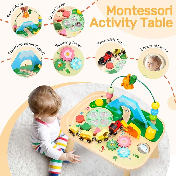 wingyz Activity Table for 1 Year Old Toddler, 9-in-1 Multi-Colorful Wooden Montessori Toys, Baby Play Table with Bead Maze Shape Sorter Train Toy, Educational Gifts for Kids Boys Girls