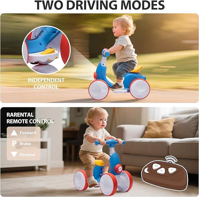 Electric Baby Balance Bike with Bubble Machine for 1 Year Old Boys Girls 4 in 1 Toddler Balance Bike 12-48 Month Kids Bubble Bike Ride Toys First Birthday Gift with Powered Motor,Music,LED Lights