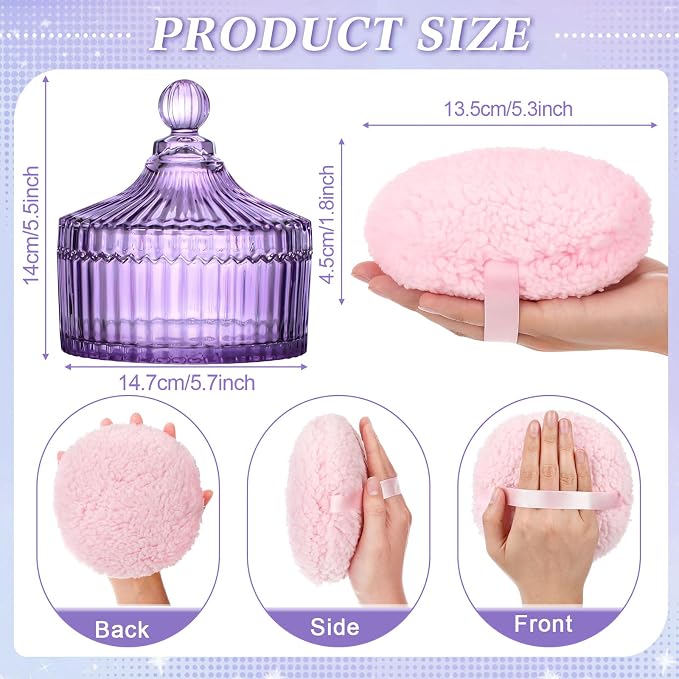 Extra Large Body Powder Puff and Container, 5.5'' Crystal Container with 5.3'' Oversize Dust Powder Puff Washable Reusable Face Body Glitter Wet Dry Makeup Gift(Purple)
