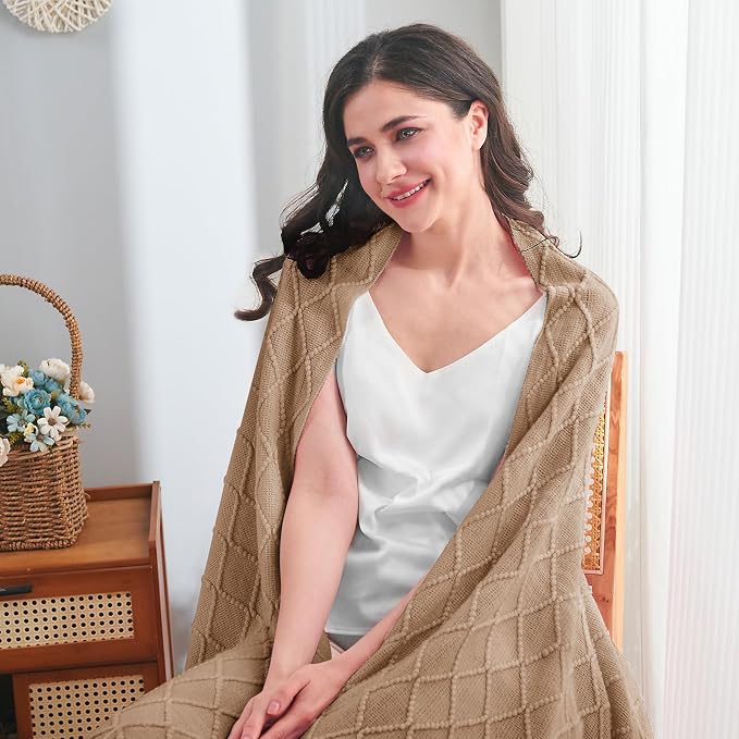inhand Khaki Knitted Throw Blanket for Couch and Bed, 50"x60" | Soft Cozy Knit Blanket with Tassel, Lightweight Decorative Blankets and Throws, Farmhouse Warm Woven for Men and Women