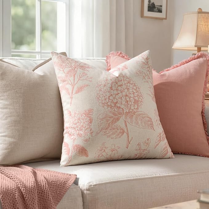 Set of 2 Decorative Floral Pillow Covers 18x18 Inch Light Pink | Neutral Hydrangea Print, Boho Vintage Throw Cushion Covers, Cottagecore Home Decor, for Sofa Couch Porch Bedroom Living Room