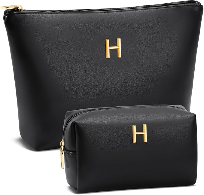 Women Gifts | Initial Makeup Bag for Girl Personalized Gifts for Bridesmaid Friend PU Leather Cosmetic Travel Toiletry Bag(Black,H)