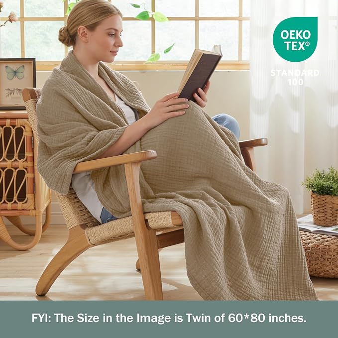 EMME Muslin Blankets for Adults Throw Blanket for Couch Breathable Gauze Soft Lightweight Airy Tan Twin XL 66" x 90"