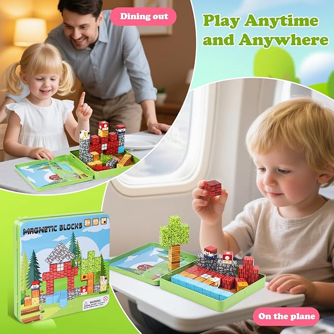 49 PCS Mini Magnetic Building Blocks Travel Toys for Kids Ages 4-8, Travel Magnetic Tiles with Portable Iron Storage Box, STEM Learning Educational Construction Toys for Toddlers 3-5