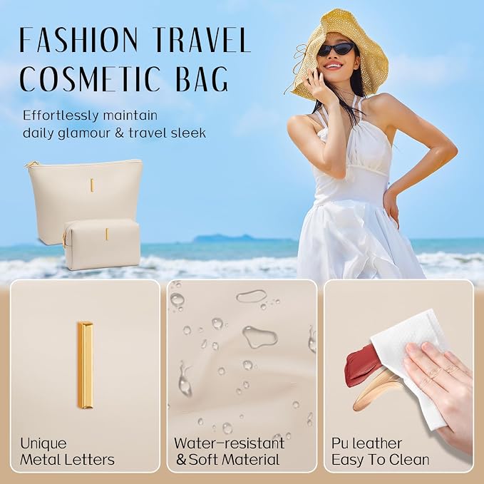 Women Gifts | Initial Makeup Bag for Girl Personalized Gifts for Bridesmaid Friend PU Leather Cosmetic Travel Toiletry Bag(Beige,I)