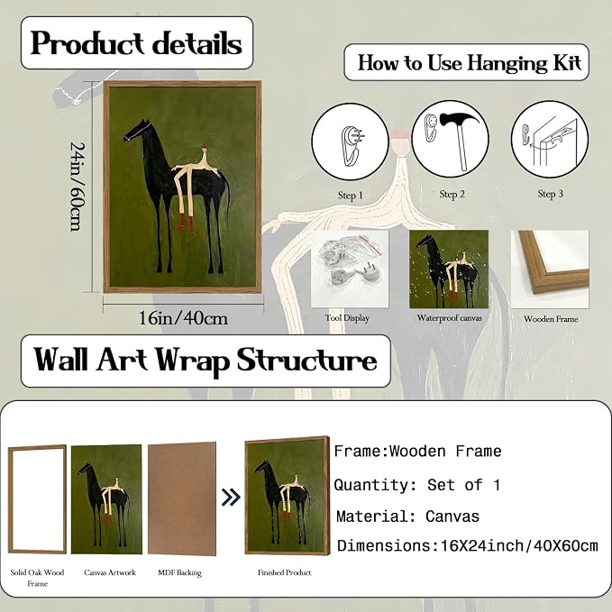 Abstract Western Cowboy Wall Art Vintage Horse Rider Wall Decor Painting, Contemporary Southwestern Poster Canvas Print Picture for Living Room Bedroom 16x24 inch Wood Framed